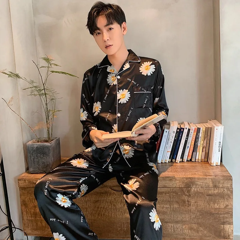 Mens Silk Satin Pyjamas Set Long Sleeve Sleepwear Pajama Autumn Spring Homewear Plus Size L-5XL pajamas for men  pajama set