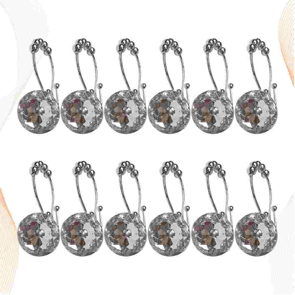 

12PCS Practical Rhinestone Rust Resistant Curtain Ring Hooks Shower Liner Hooks Glide Double Hooks for Bathroom Shower Curtain