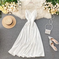 e girls smlinan summer bohemian white beach long dress women solid sleeveless a line dress female sexy elegant spaghetti strap