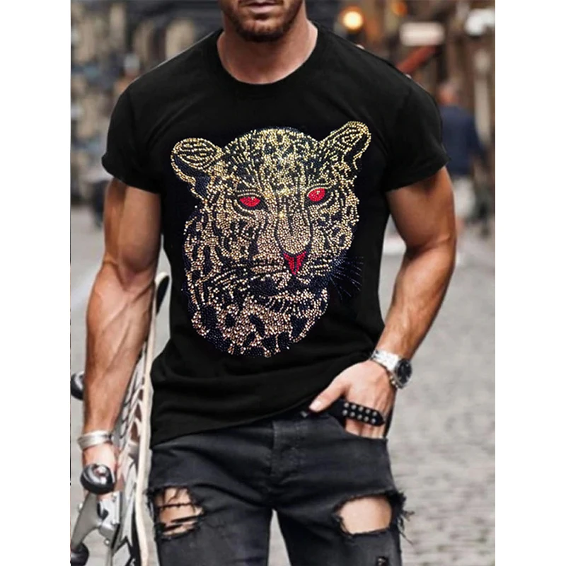 Mens Quality Fashion T-Shirts Casual Party Short Sleeve Leopard Hot Drill Men Clothing Tee Tops O-Neck Rhinestone Tshirt Y2K New