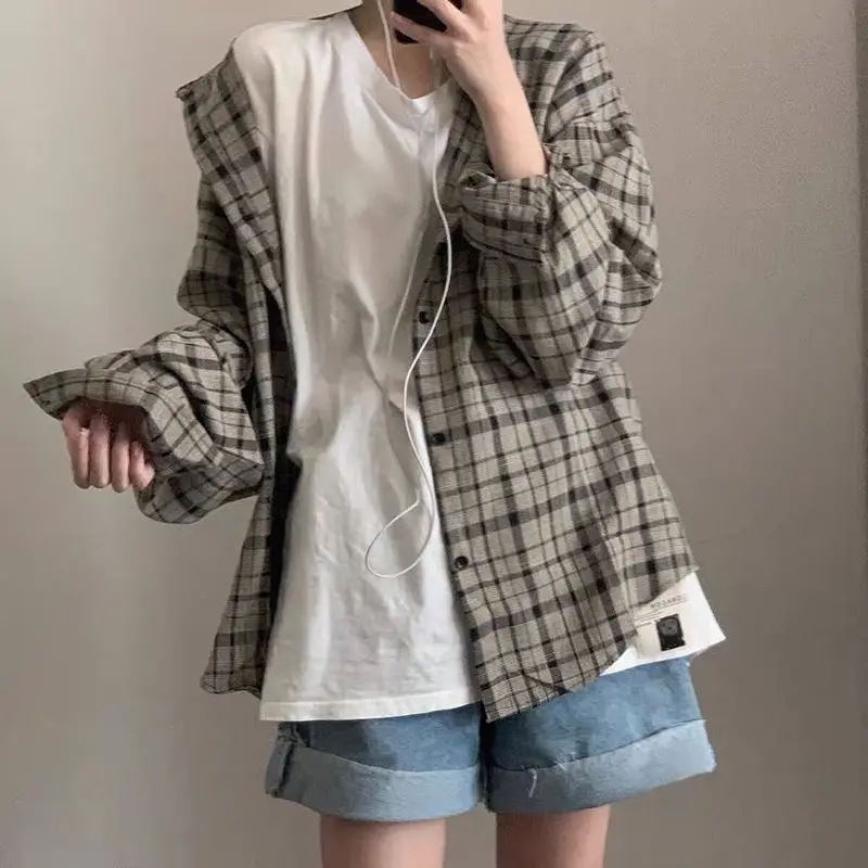 

Deeptown Vintage Plaid Blouses Women Brown Shirts Oversized Casual Harajuku Korean Fashion Preppy Style Long Sleeve Cardigan Top