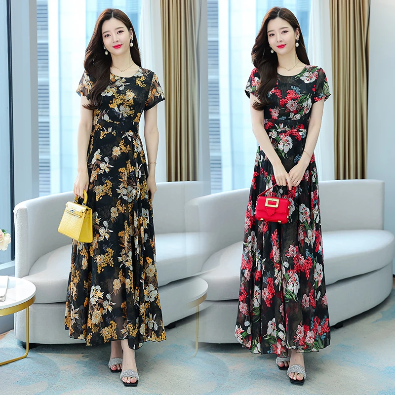 

Женское шифоновое платье с коротким рукавом, черное пляжное праздничное платье с круглым вырезом, лето 2022