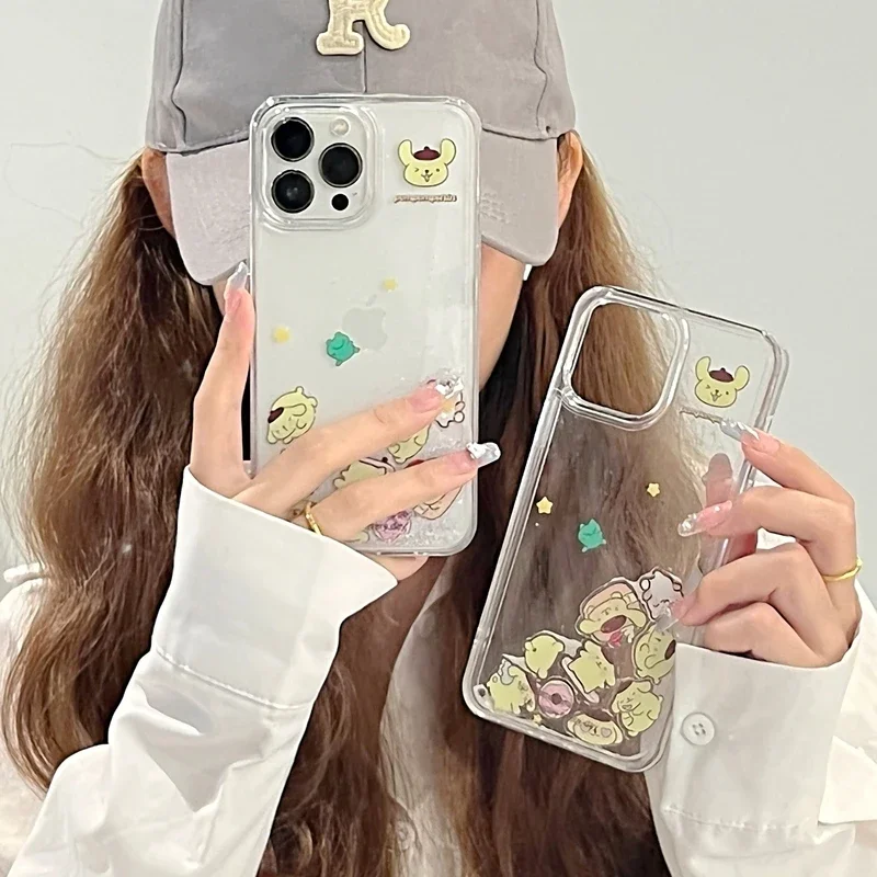 Милый мультяшный чехол Sanrio Pompompurin Bling Glitter Quicksand для iPhone 15 14 13 12 11 Pro Max прозрачный