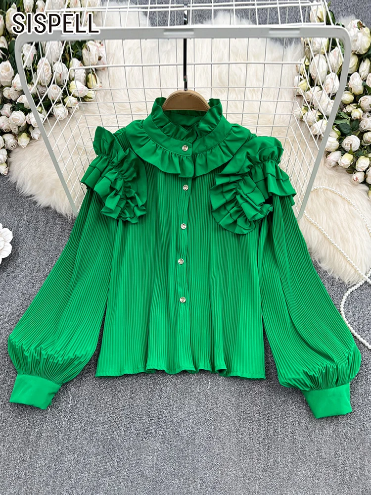 

SISPELL Patchwork Ruffle Straight Top For Women Turtleneck Long Sleeve Single Breasted Fashion Casual Ruched Shirt Female Autumn