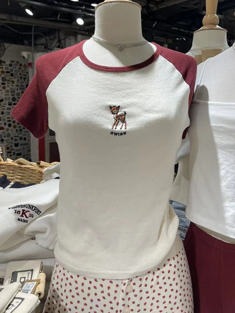 

Футболка женская с вышивкой Little Deer, милая хлопковая рубашка в стиле пэчворк, с круглым вырезом, короткий рукав, винтажный облегающий Топ, Y2k, на лето