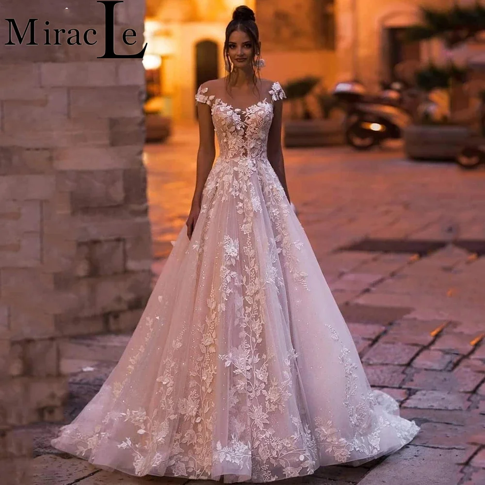 

Scoop Applique Wedding Dresses A-Line Off-the-Shoulder Court Train Lace Flowes Beaded Petal Illusion Back Vestidos De Novia