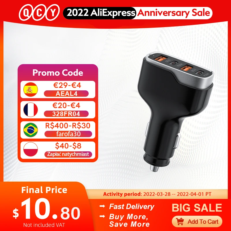 

QCY QC 3.0 Car Charger 4 Ports PD Fast Charging in Car Type C Quick Charger Phone Car Charger For iphone12 Samsung Huawei Xiaomi