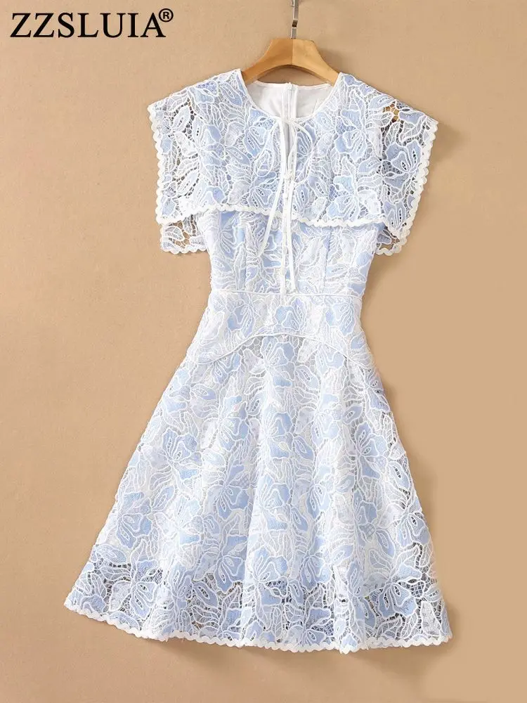 

ZZSLUIA Summer Dresses For Women Heavy Embroidery Cut Out Designer Slim Elegant Dress Fashion Lacing One Piece Female Clothing