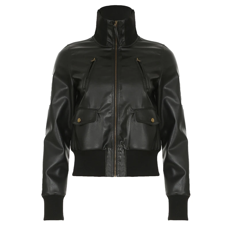 HEYounGIRL водолазка из искусственной кожи на молнии пальто в стиле панк High Street черная