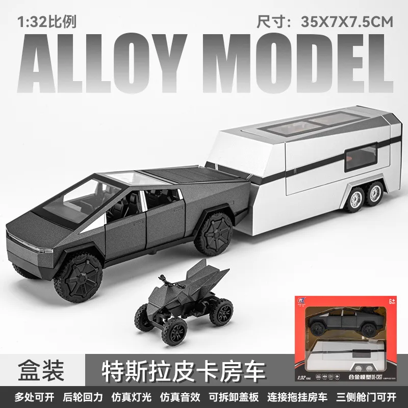 

1:32 Tesla Pickup truck trailer RV High Simulation Diecast Metal Alloy Model car Sound Light Pull Back Collection Kids Toy Gifts