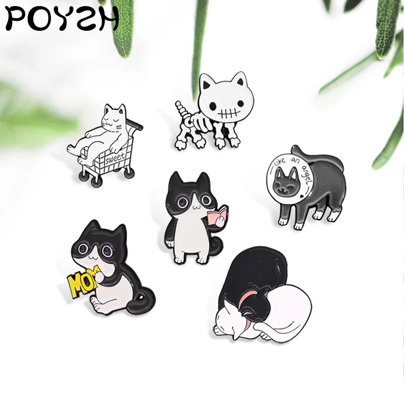 Броши-кошки Mom black white heart couple-кошки Fat cat sweet shopping cart Skeleton like an angel Read kitten Pins значки с