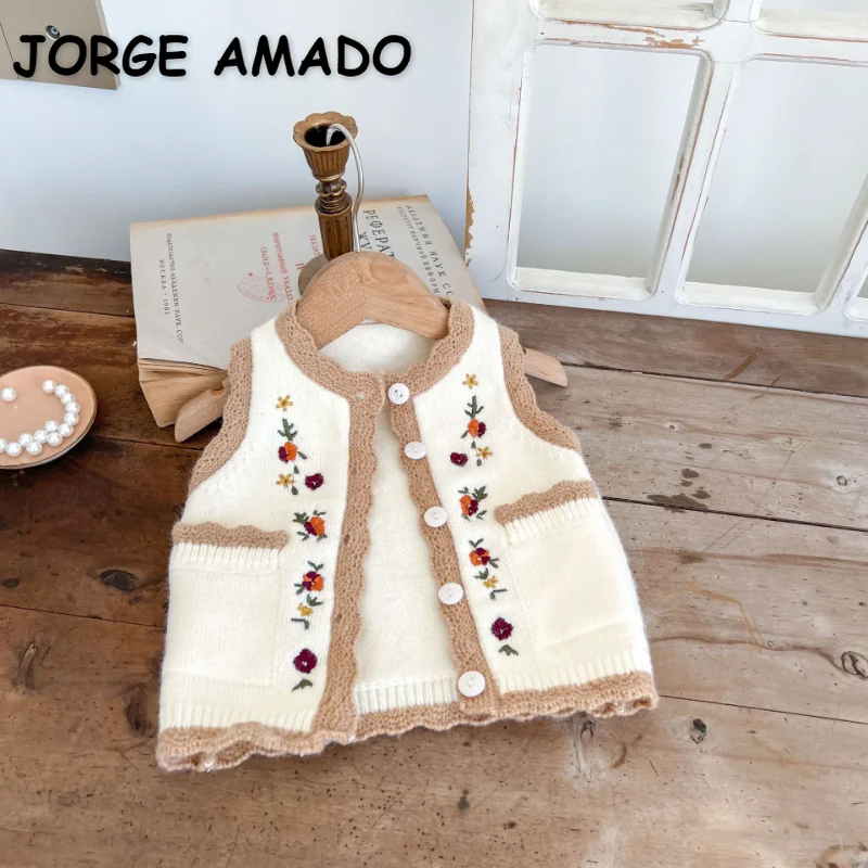 

Жилеты для маленьких девочек, трикотажные жилеты из хлопчатобумажной пряжи с вышивкой, модная универсальная одежда для детей, E22360, весна-осень