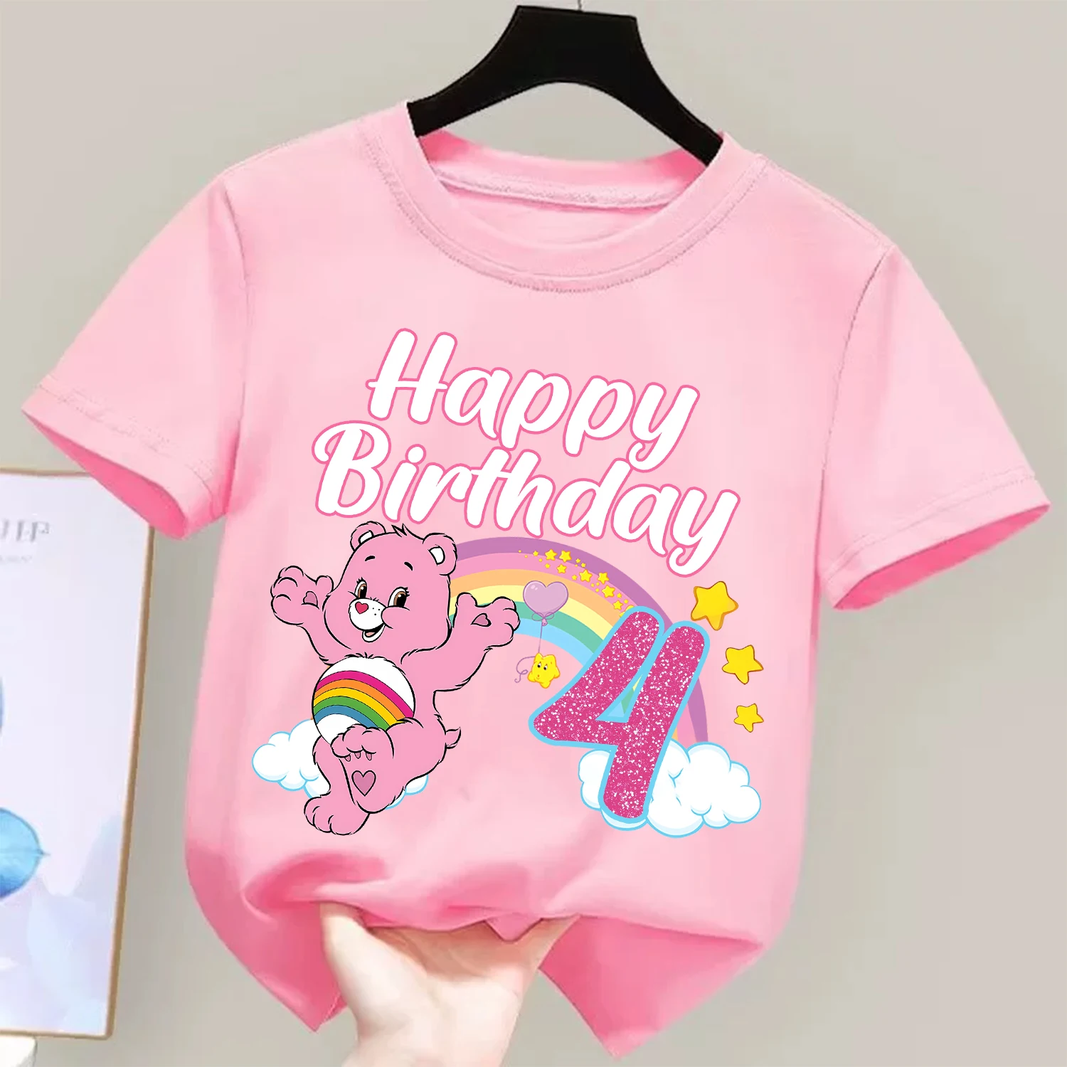 Фото Футболка с номером на день рождения Care Bears, детская футболка с круглым воротником, одежда Kawaii для девочек, детская одежда с короткими рукавами и рисунками, подарок №5