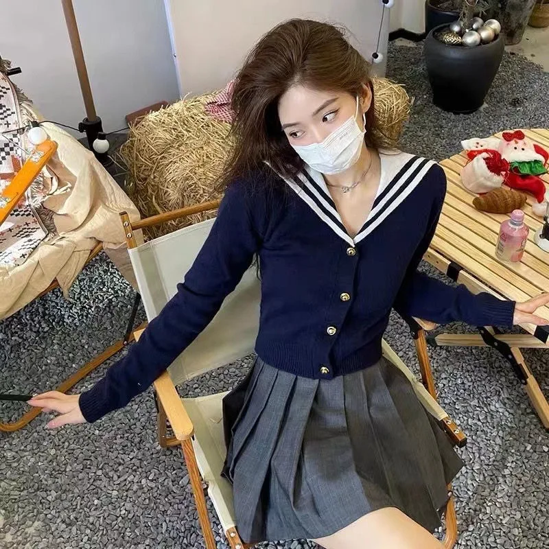 Женский кардиган вязаный свитер Academy темно-синий с воротником на весну и лето