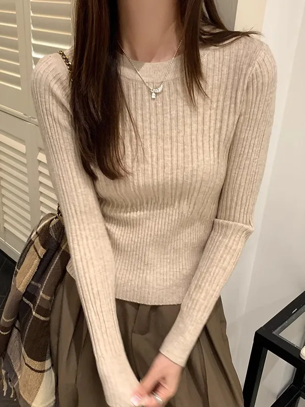 Южная Корея Dongdaemun вязаный свитер с круглым вырезом и длинными рукавами женский