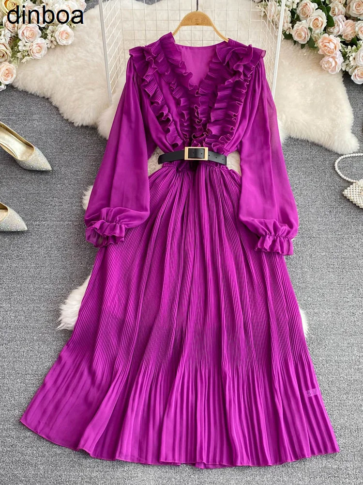 

Женское винтажное плиссированное платье, длинное красное/фиолетовое/желтое платье-трапеция с V-образным вырезом, пышными рукавами и драпир...