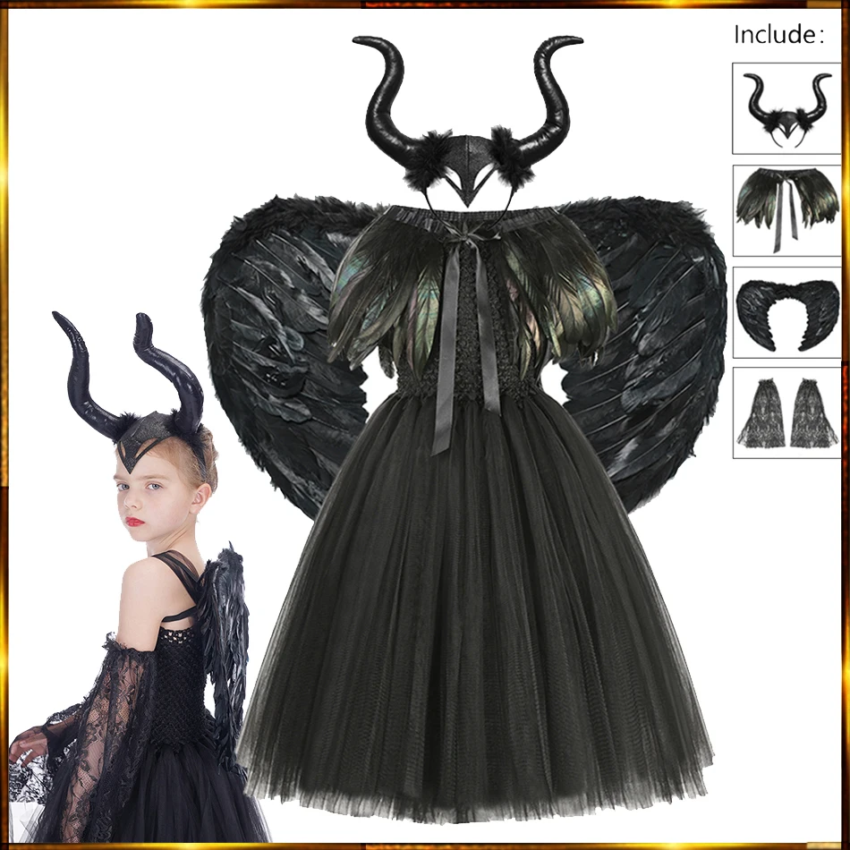 Halloween Costume For kids Maleficent Dress Deluxe Girls Fancy Feather Shawl Glam Gown Tutu Dress Kids Demon Queen Witch Clothes