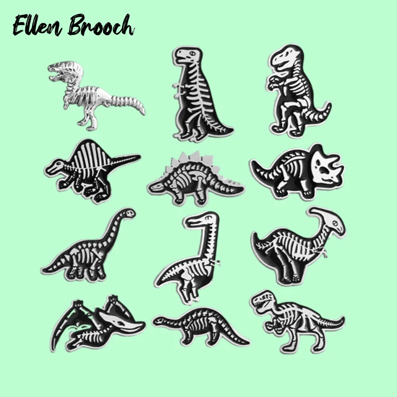 

Dinosaur Skeleton Enamel Pins Black White Dinosaur Fossils Metal Brooch Lapel Badges Jewelry Gift for Kids Friends