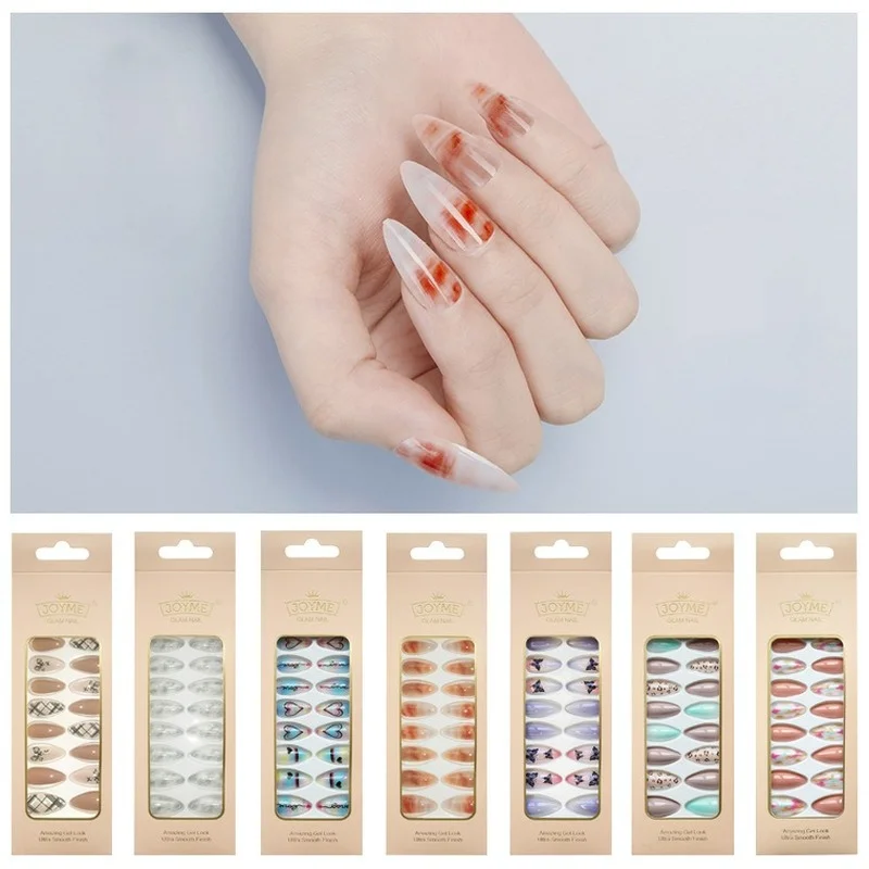 

24pcs/set Wearing Nails Almond Nails Removable Nail Patches Long Fake Nails Butterfly Leopard Print Island Style Print Nail Art