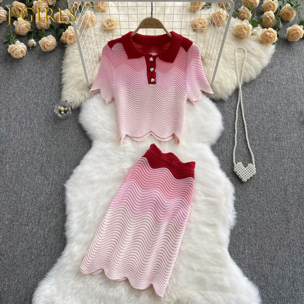 

J GIRLS Korean Chic Suit Women's New Fashion Summer Lapel Contrast Short Sleeve Tops + Knitted Skirt Two-piece Sets