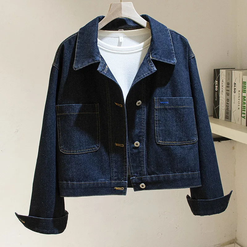 Винтажная темно-синяя джинсовая куртка с большими карманами Женская свободная