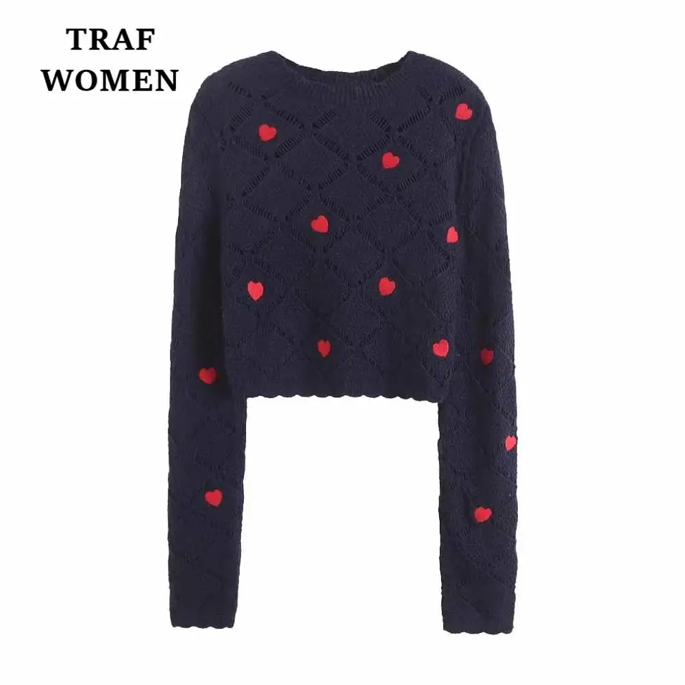 

TRAF WOMEN 2023 Spring Fashion New Jacquard Mesh Knit Sweater Short Elegant Crew Neck Chic Female Pullover Mujer 4331028
