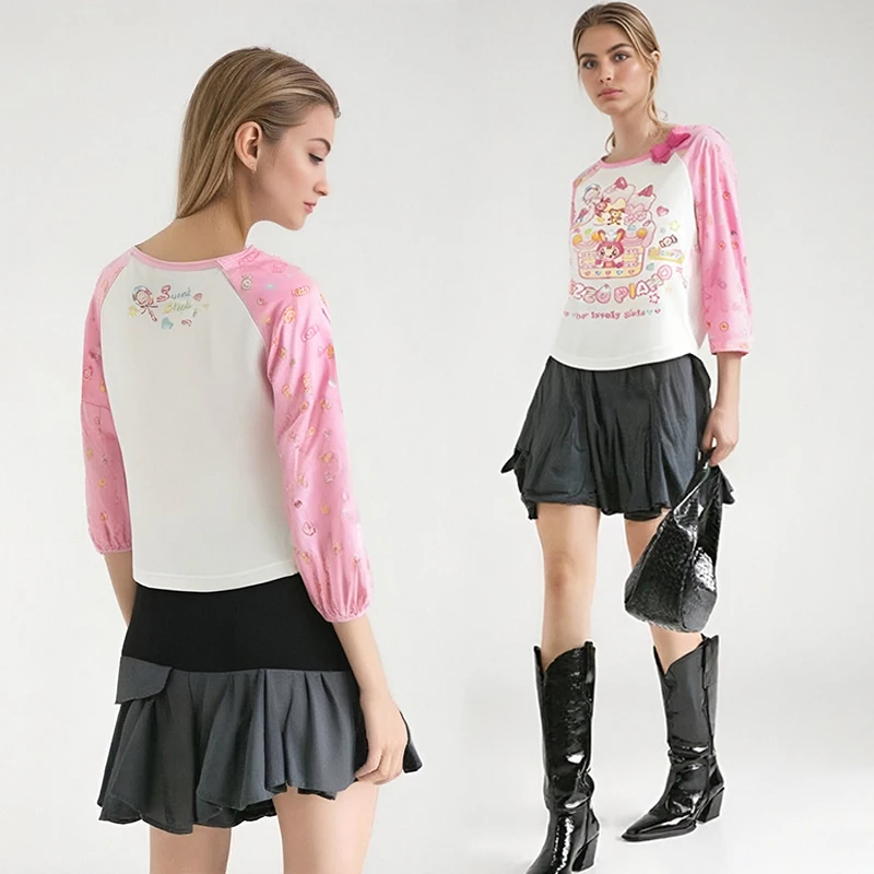 Японская субкультура милая футболка с мультяшным принтом осенняя новая бантом и