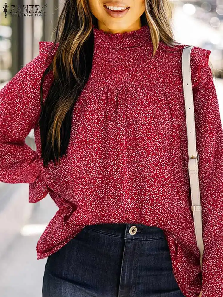 

2022 ZANZEA Spring Vintage Holiday Party Blouse Bohemian Women Long Sleeve Pleated Tops Blusas Elegant Floral Printed Work Shirt