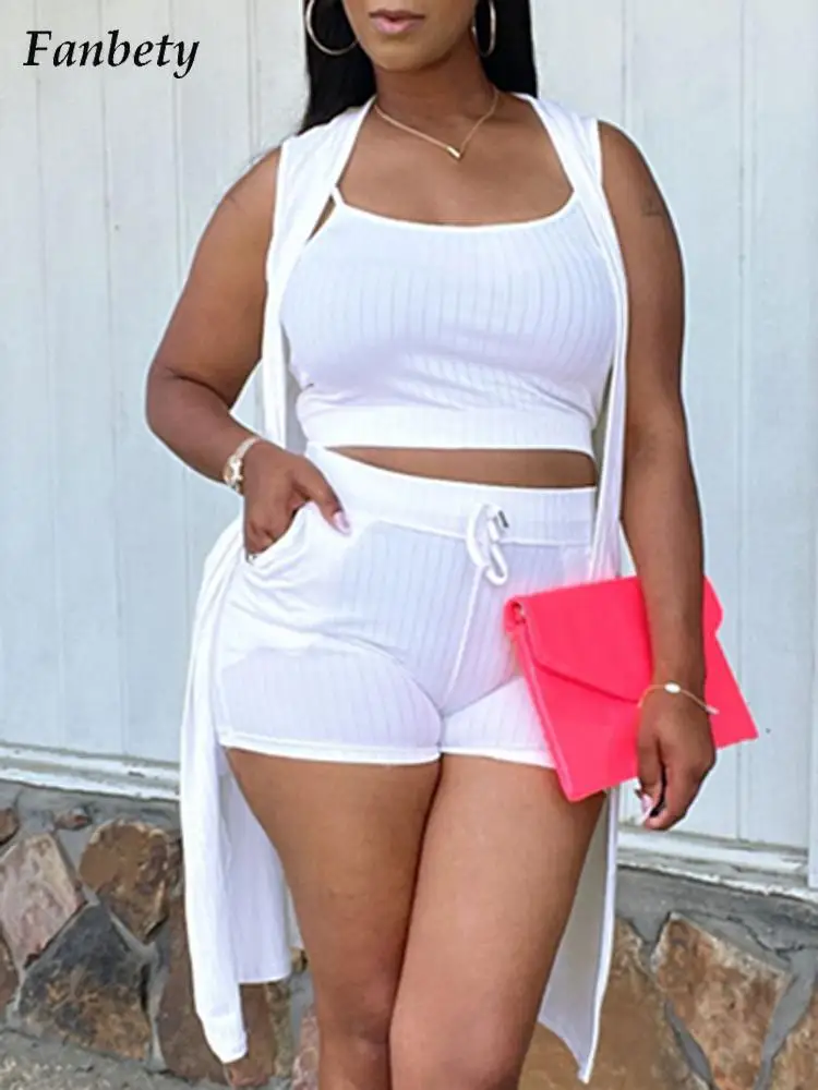 

Fashion Square Collar Pit Three-piece Suit 2022 Summer Casual Top+Long Vest Cardigan+Drawstring Shorts Set Women Sleeveless Sets