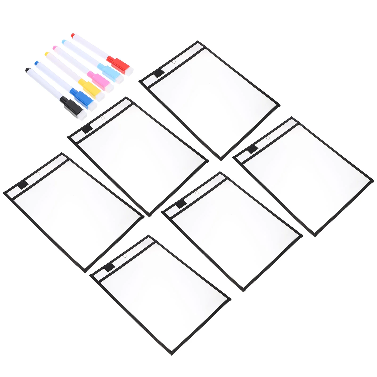 

6PCS Reusable Clear PVC Dry Erase Pockets Sleeves with 6PCS Pens for Office Classroom Organization Teaching Supplies (Black)