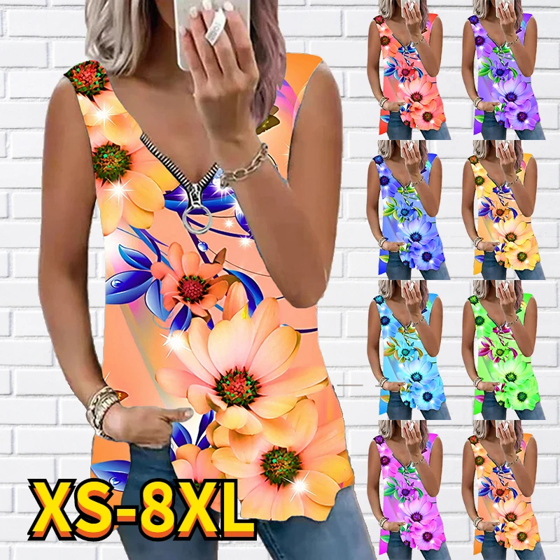 

2022 Women Summer tank tops Loose Zipper sleeveless V-neck print vest flower Sexy Streetwear Fashion plus size Basic pullover