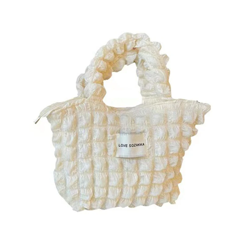 

L5YA Elegant Small Bubble Tote Canvas Bag Pleated Shoulder Bag Handbag for Party