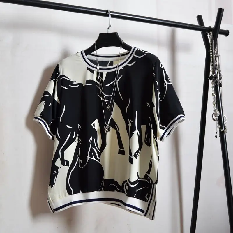 Женская блузка с коротким рукавом летняя свободная Европейским принтом | одежда