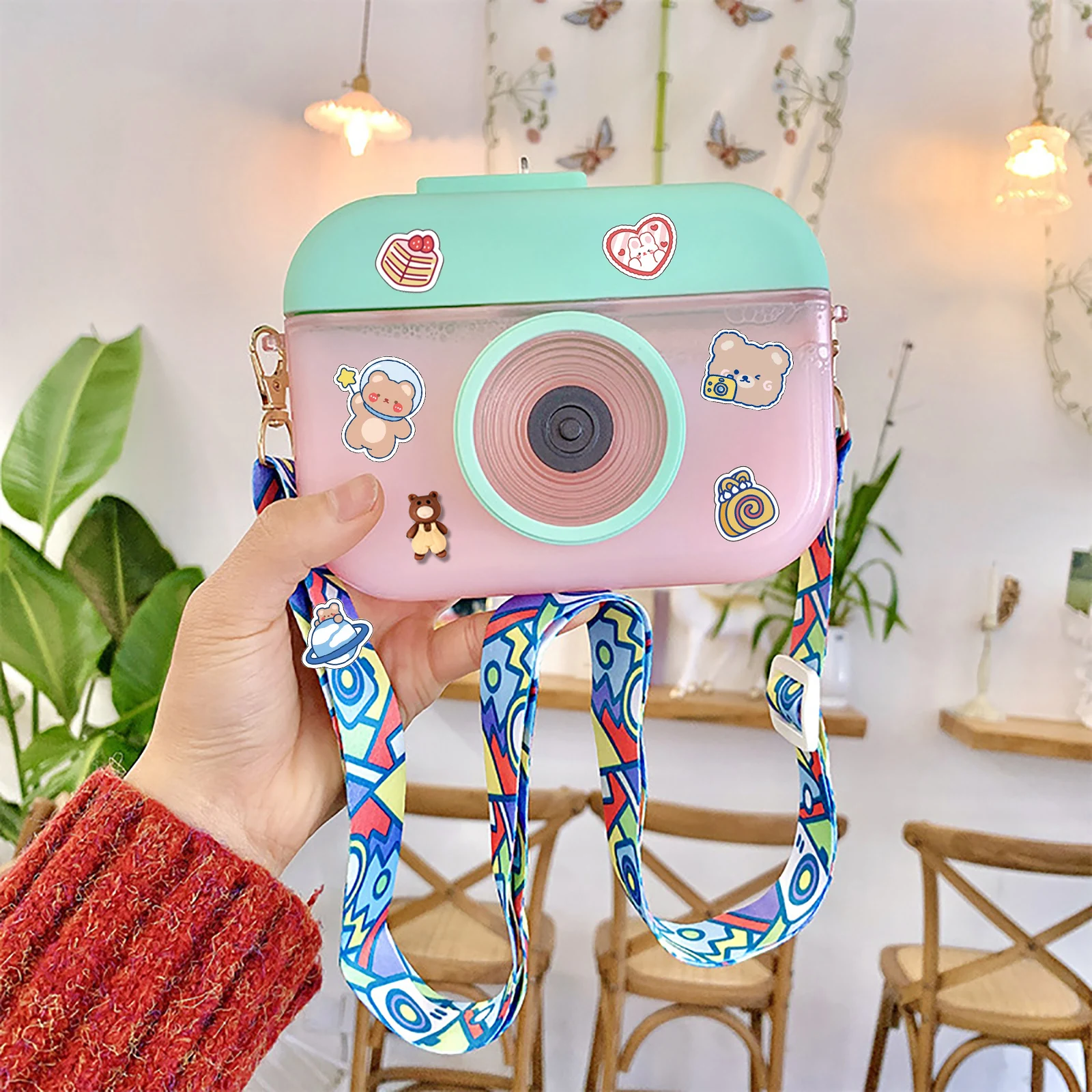 400ml Kawaii Water Bottle Straw Cup for Girls Creative Camera Drinking Bottle Adjustable Shoulder Strap Drinking Water Bottle
