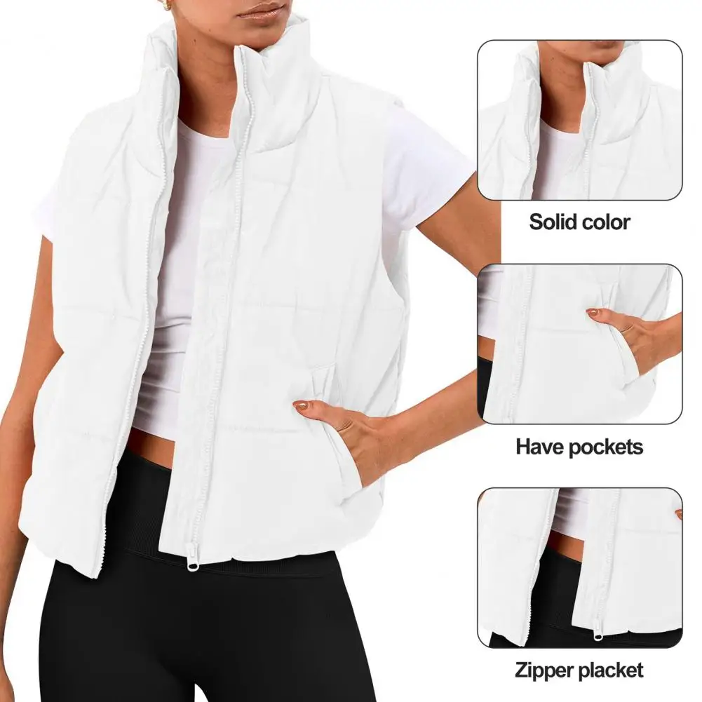 

Short Cotton Padded Puffer Vest Stylish Women's Winter Puffer Vest with Stand Collar Sleeveless Design Zipper Placket Featuring