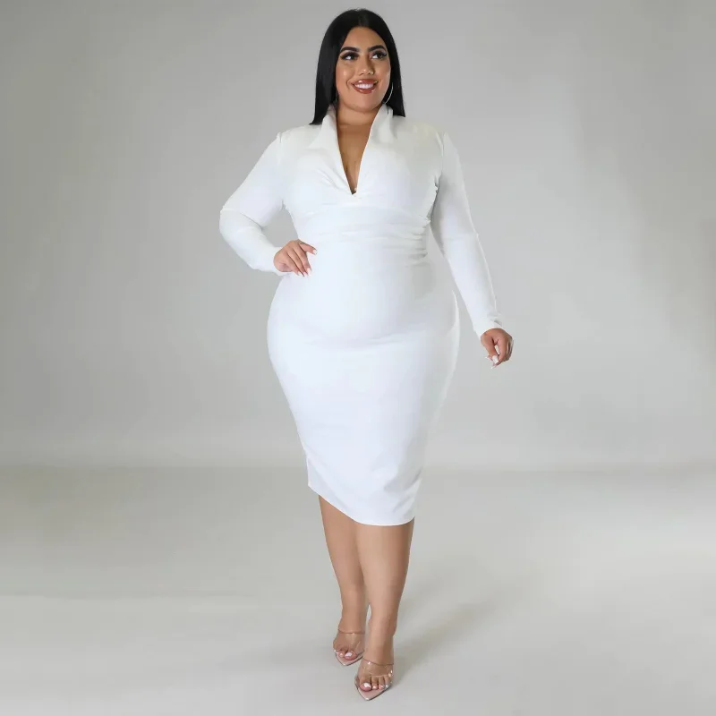 Женское облегающее платье до колен с V-образным вырезом и длинным рукавом