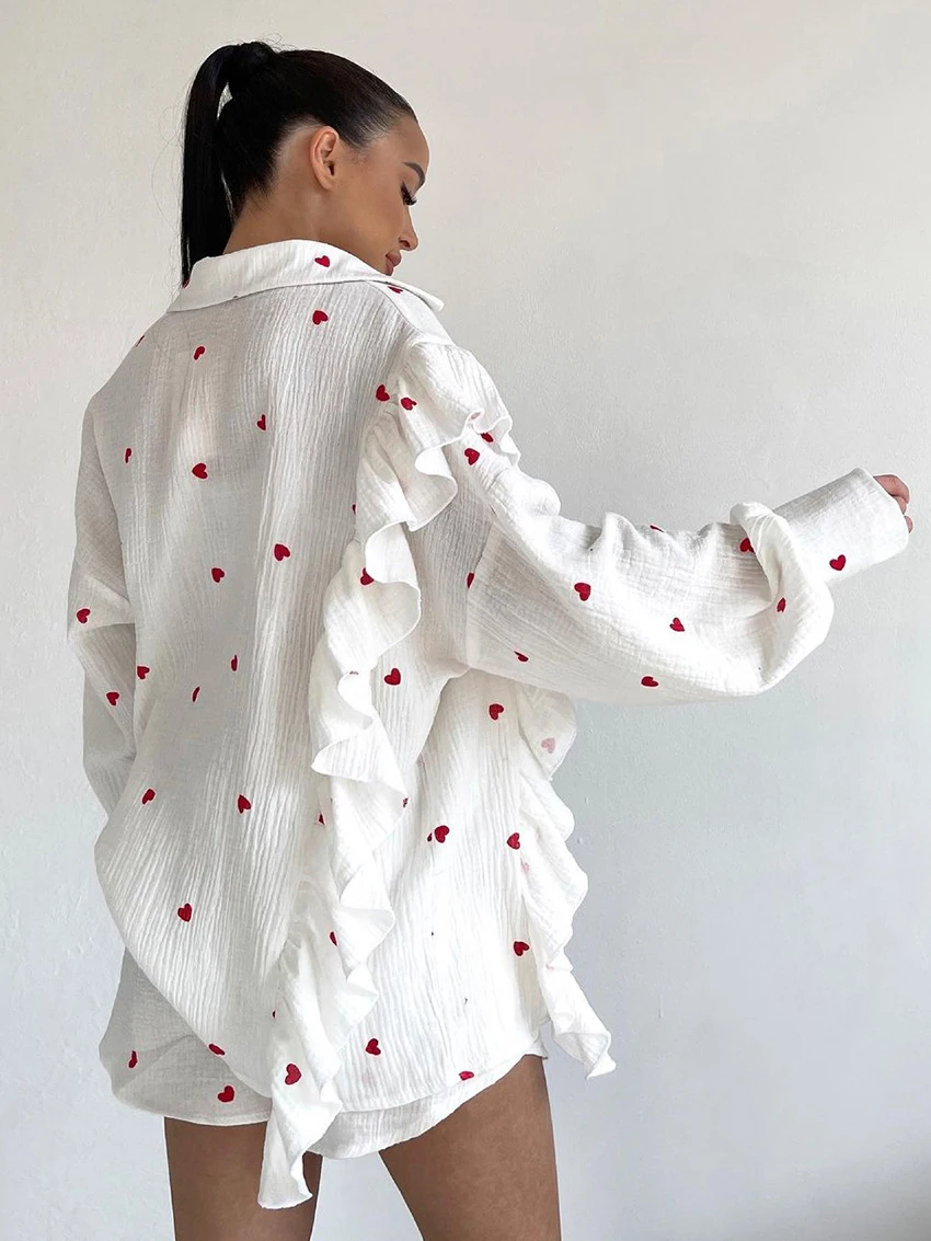 Marthaqiqi Love Printing Women'S Pajamas Suits Long Sleeve Sleepwear Sexy Turn-Down Collar Nightwear Loose Shorts Nightgowns Set