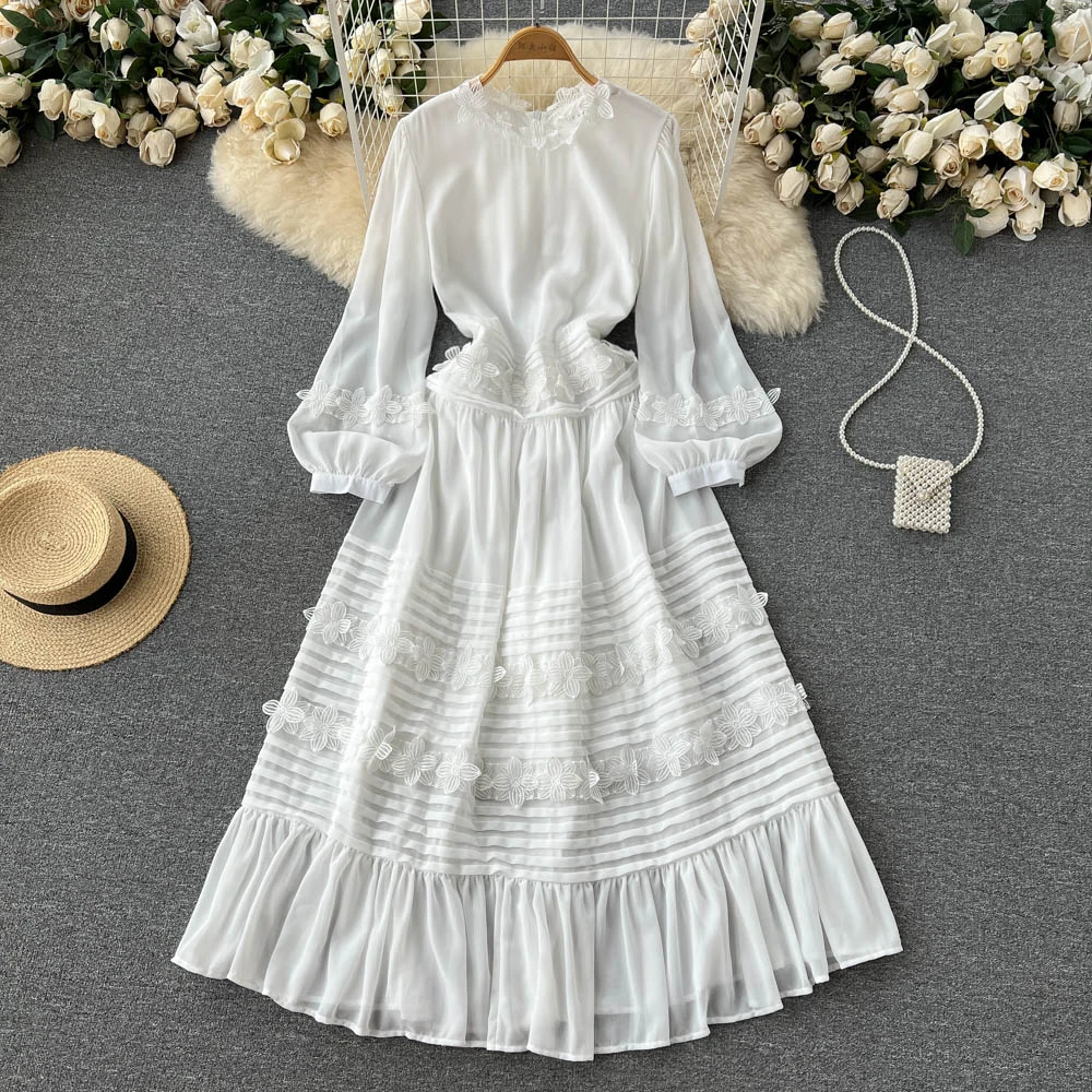 

French gathered waist pleated lantern sleeve autumn princess style white fairy Dresses Women