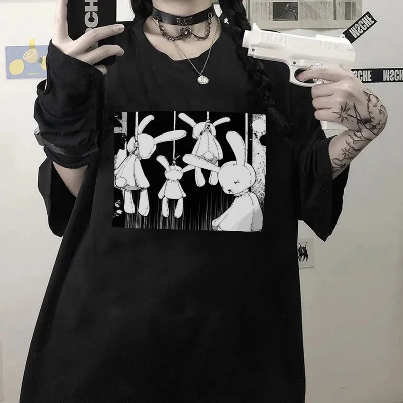 

T-shirts Women Harajuku Y2k Goth Anime Rabbit Print Graphic Oversized Tee Shirt Female Streetwear HipHop Vintage Clothes Tops