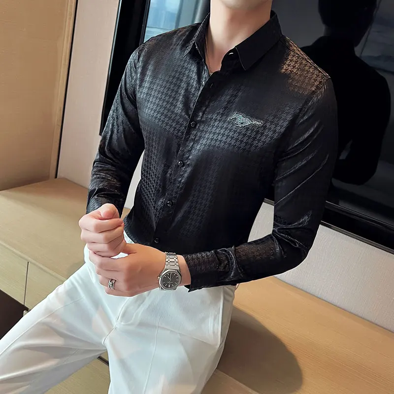 

High Quality Rhinestone Houndstooth Shirt for Men Slim Long Sleeve Casual Shirt Male Business Dress Shirts Slim Social Blouse