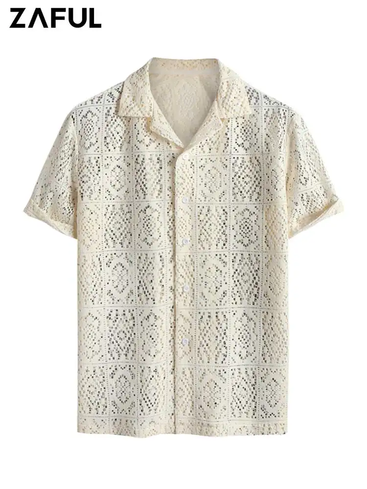 

ZAFUL Hollow Out See-through Men's Shirt Sexy Rose Pattern Short Sleeve Openwork Shirt Summer Streetwear Overshirt Tops Z5094175