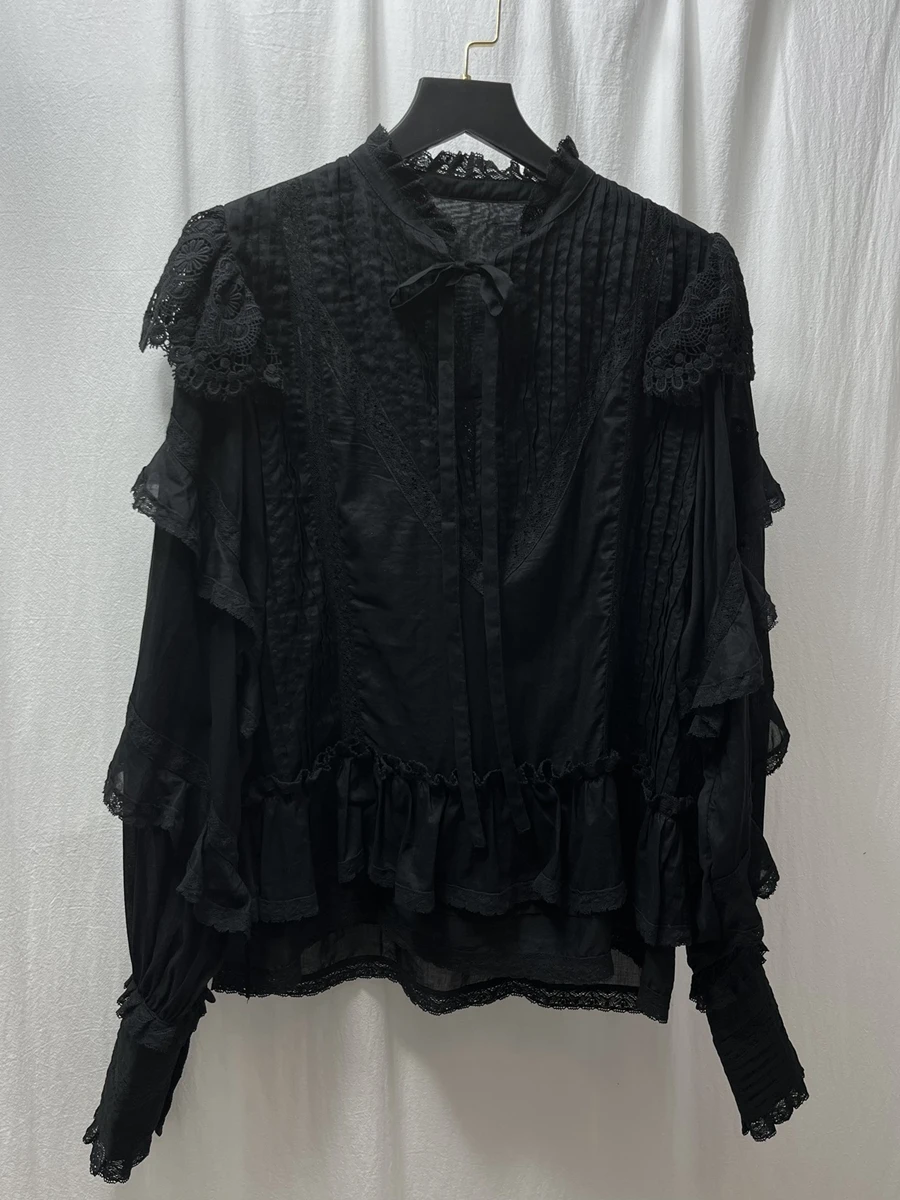 

2022 Spring New Ruffuled Black Lace Trim Shirt Women Blouse Top