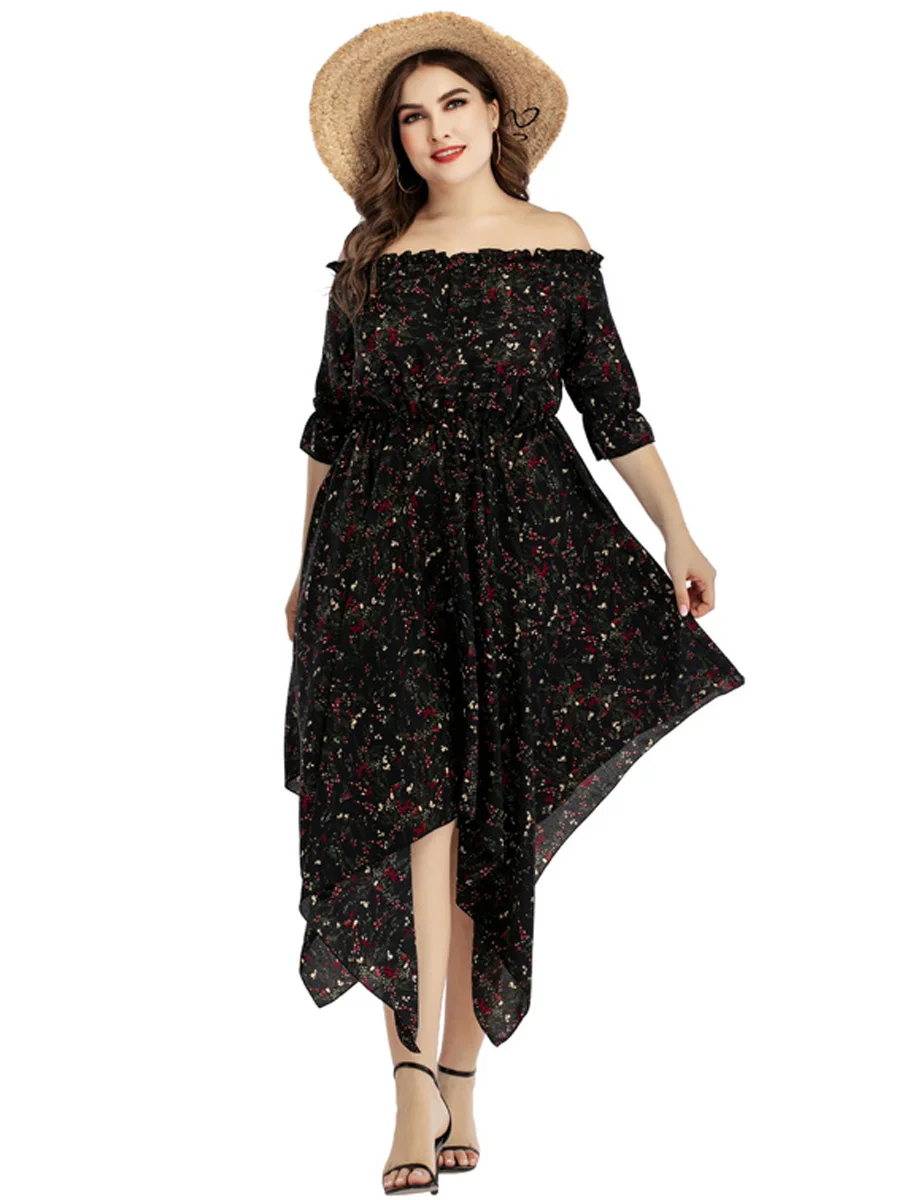 

Boho Beach Dresses for Big Women 2022 Summer Slash Neck Floral Print Off Shoulder Dress Plus Size Clothes Irregular Long Dresses