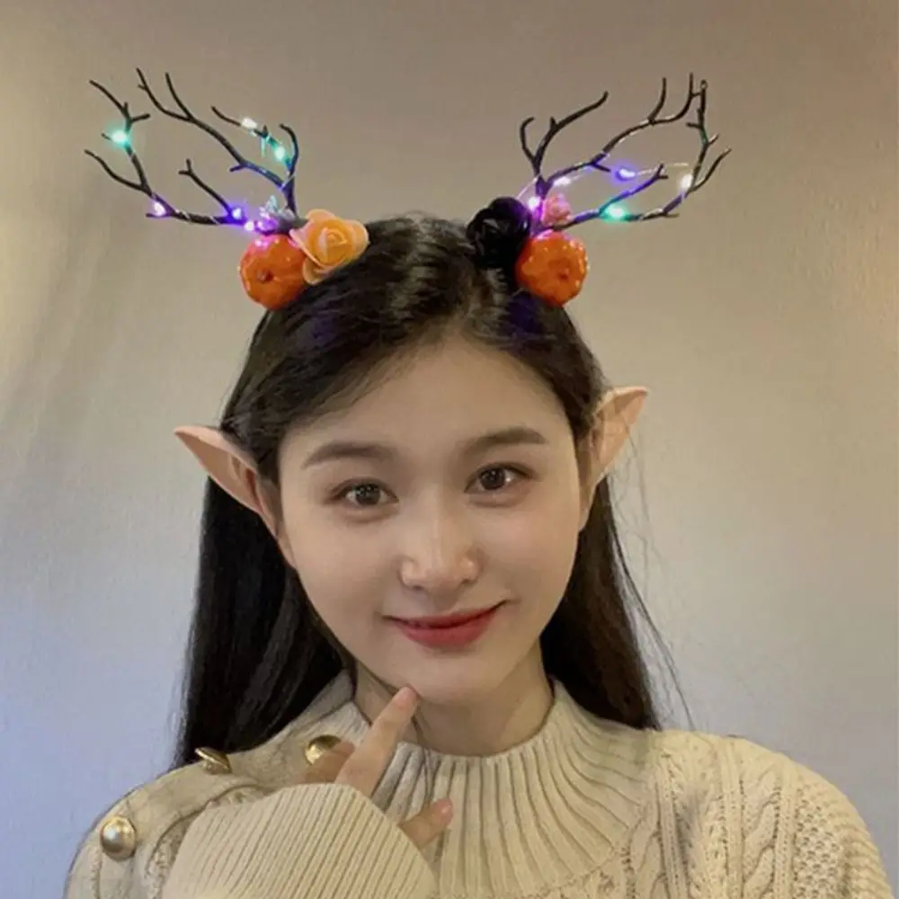 

Elk Ears Halloween Glowing Antler Hair Hoop Sweet LED Fairy Deer Ear Pumpkin Skull Hair Ornament