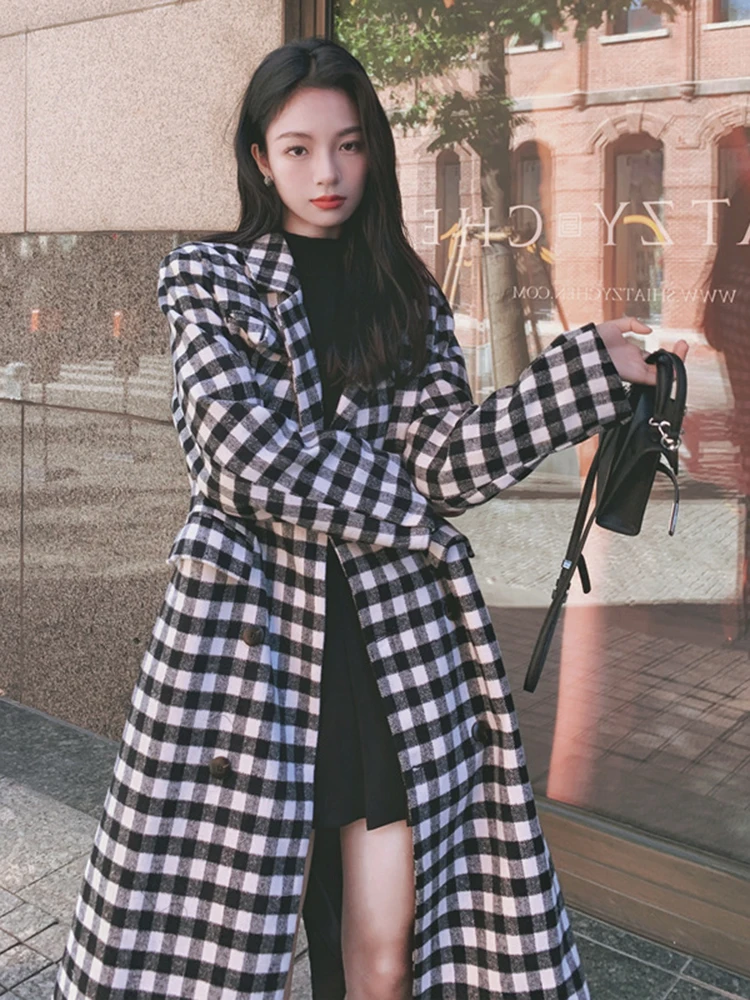 

FURSARCAR Plaid Woolen Coat Women High Street Korean Harajuku Outertwear Autumn New Suit Collar Straight Overcoat Female
