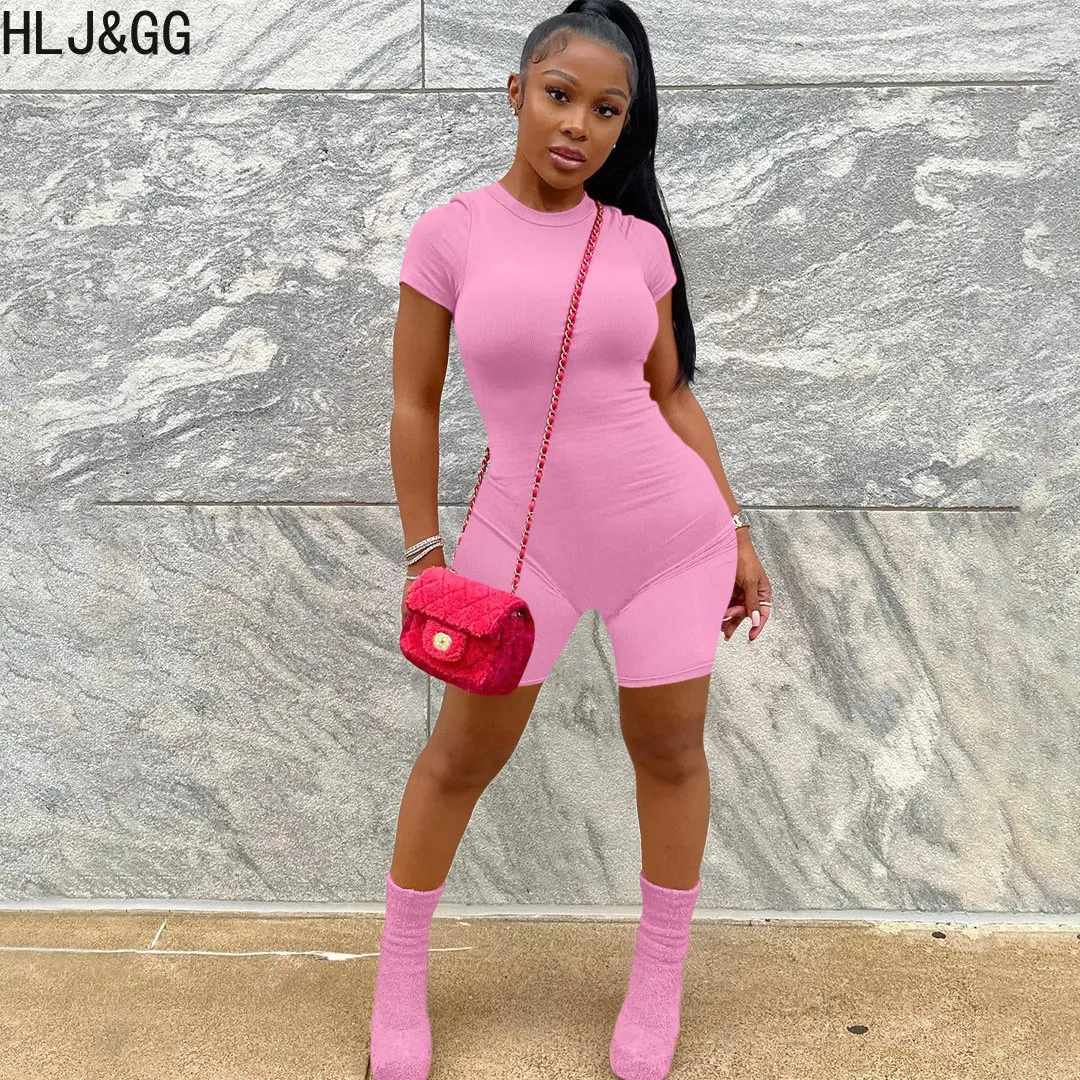 HLJ&GG Women Ribber Elasticity Bodycon Rompers Casual Round Neck Short Sleeve Slim Jumpsuits Summer Solid Color Sporty Overalls