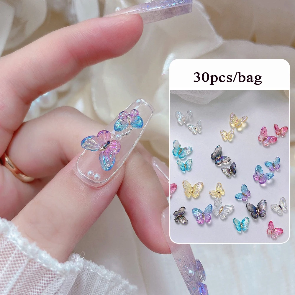 

30PCS Aurora Butterfly 3D Nail Art Charms Glitter Resin Glow in Dark Crystal Nail Ornament Gel Nail Decorations DIY Manicure