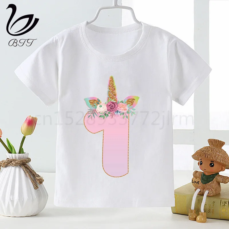 Happy Birthday Number1-9  Unicorn Kids T-shirt  Cartoon Print Tee Children Funny Tops Baby Clothes，Drop Ship