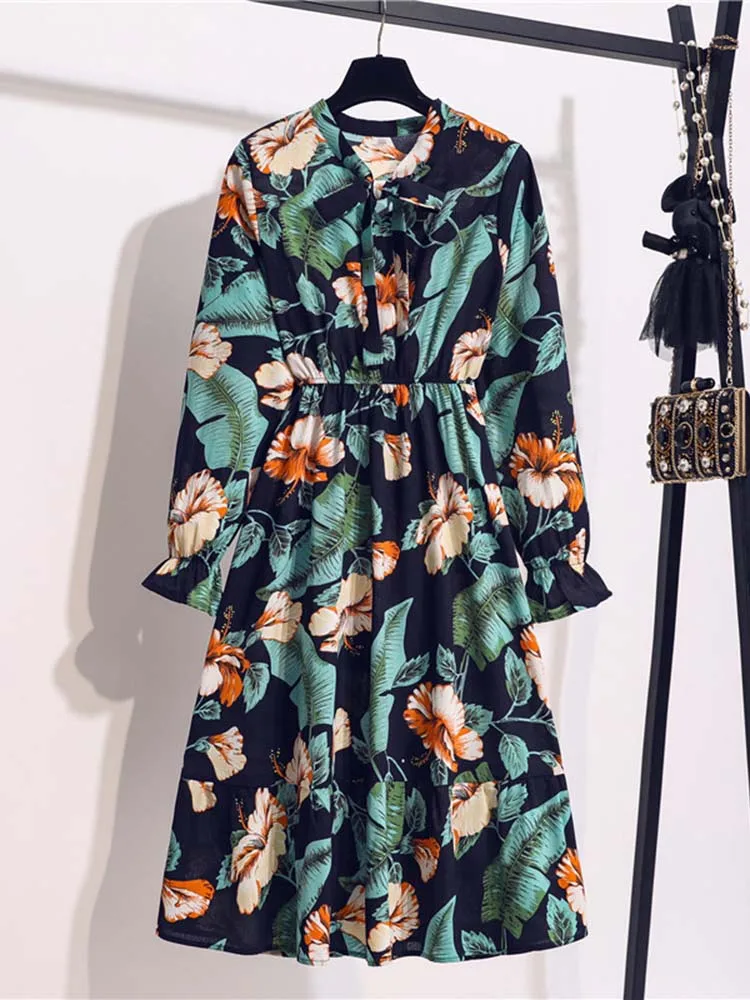 2022 Floral Print Women Dress Female Autumn Long Sleeve Vintage Chiffon Bow Tie Neck Office Lady Shirt Dress Summer Vestidos