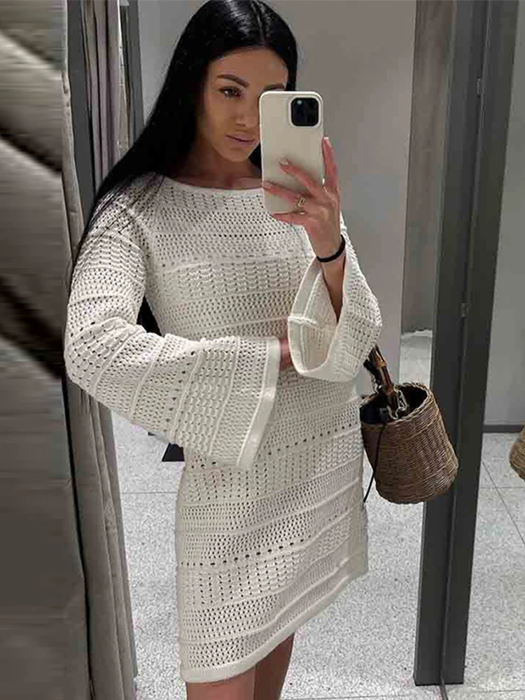 Women Elegant Hollow Out Knitted Dress Fashion Loose Flare Sleeve Midi Dresses 2023 Summer Chic Female White Midi Streetwear